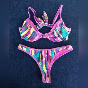 Bydee Australia Pink Multicolored Striped Glitter Bikini Set Top L Bottom M